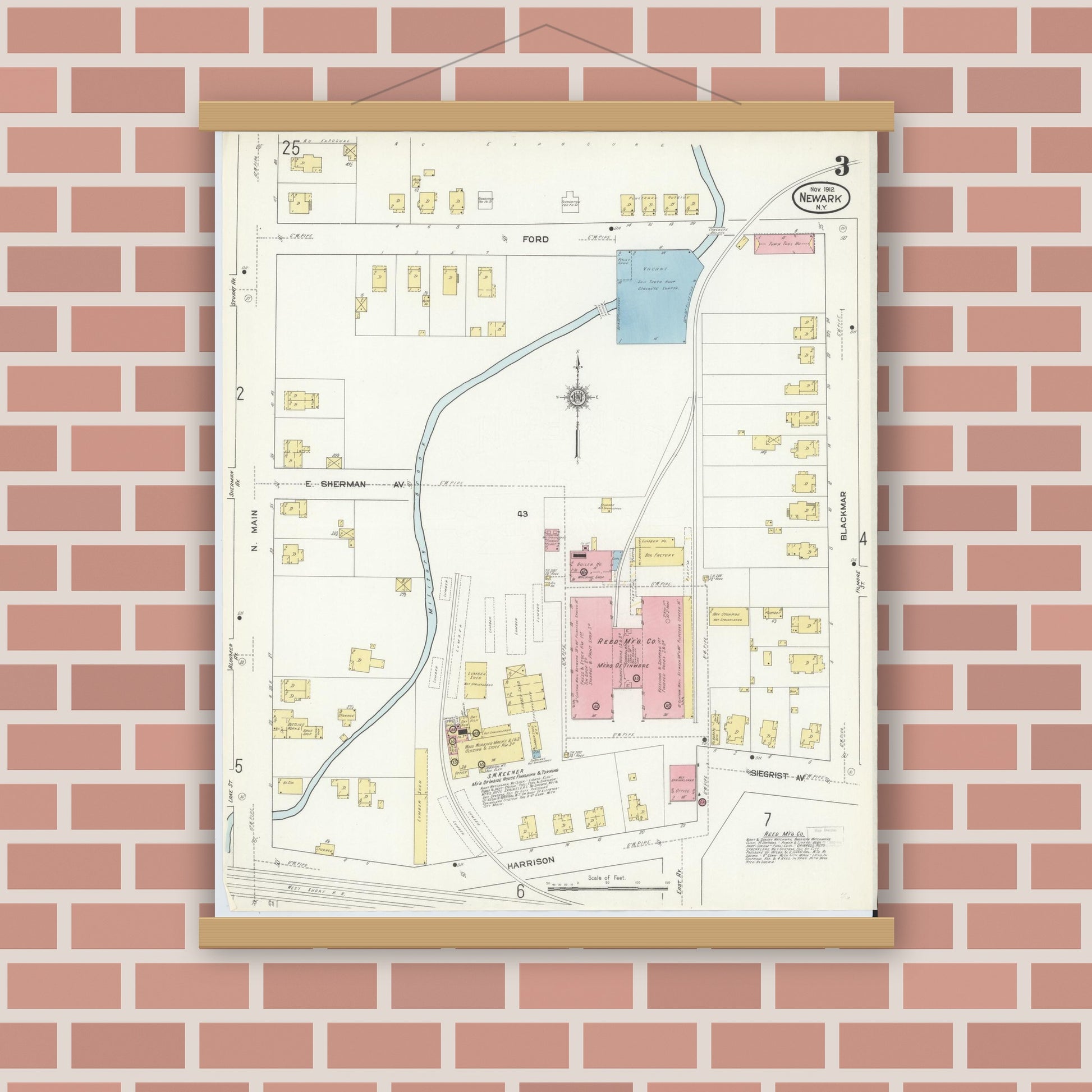 Old map wall art mockup — magnetic wood frame on brick wall — Sanborn Fire Insurance Map from Newark, Wayne County, New York (1912), Sheet #0003