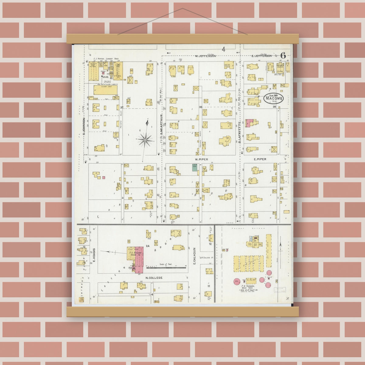 Old map wall art mockup — magnetic wood frame on brick wall — Sanborn Fire Insurance Map from Macomb, Mcdonough County, Illinois (1906), Sheet #0006