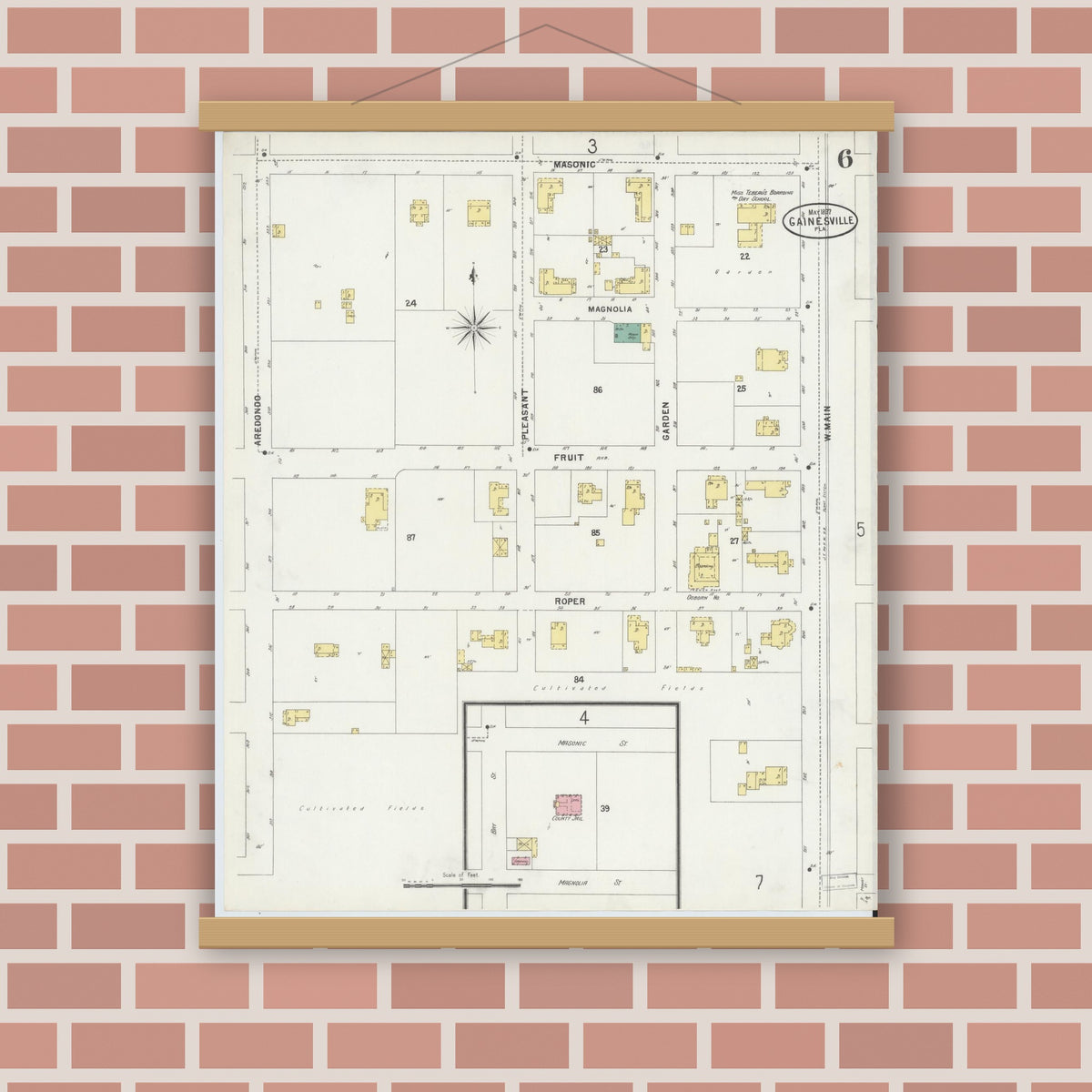 Old map wall art mockup — magnetic wood frame on brick wall — Sanborn Fire Insurance Map from Gainesville, Alachua County, Florida (1897), Sheet #0006