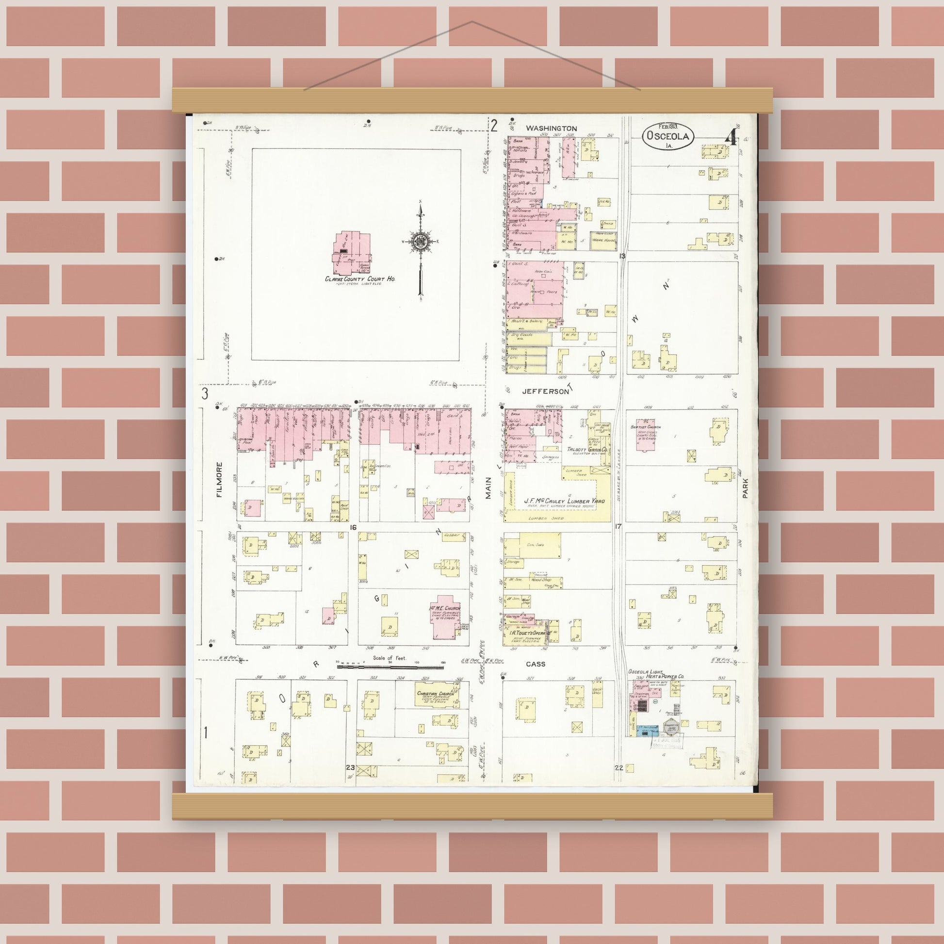 Old map wall art mockup — magnetic wood frame on brick wall — Sanborn Fire Insurance Map from Osceola, Clarke County, Iowa (1913), Sheet #0004