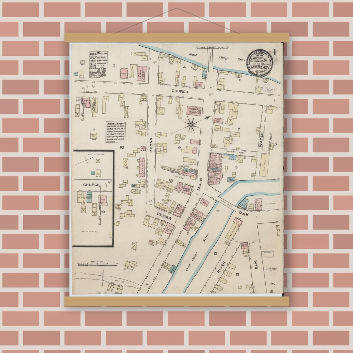 Old map wall art mockup — magnetic wood frame on brick wall — Sanborn Fire Insurance Map from Champlain, Clinton County, New York (1884), Sheet #0001