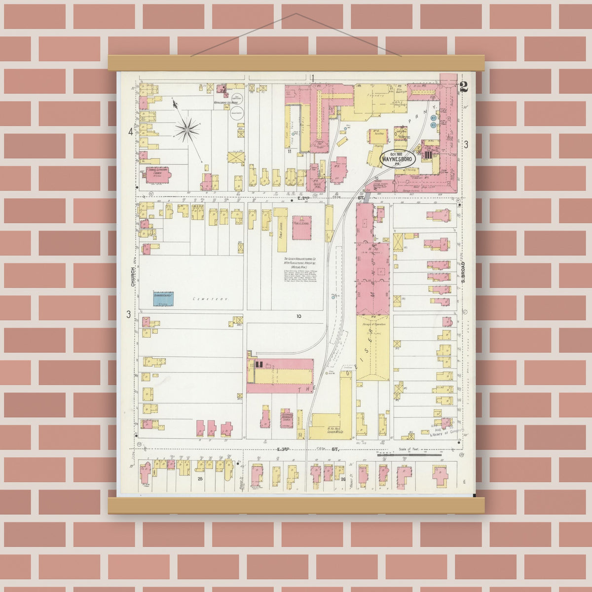 Old map wall art mockup — magnetic wood frame on brick wall — Sanborn Fire Insurance Map from Waynesboro, Franklin County, Pennsylvania (1902), Sheet #0002