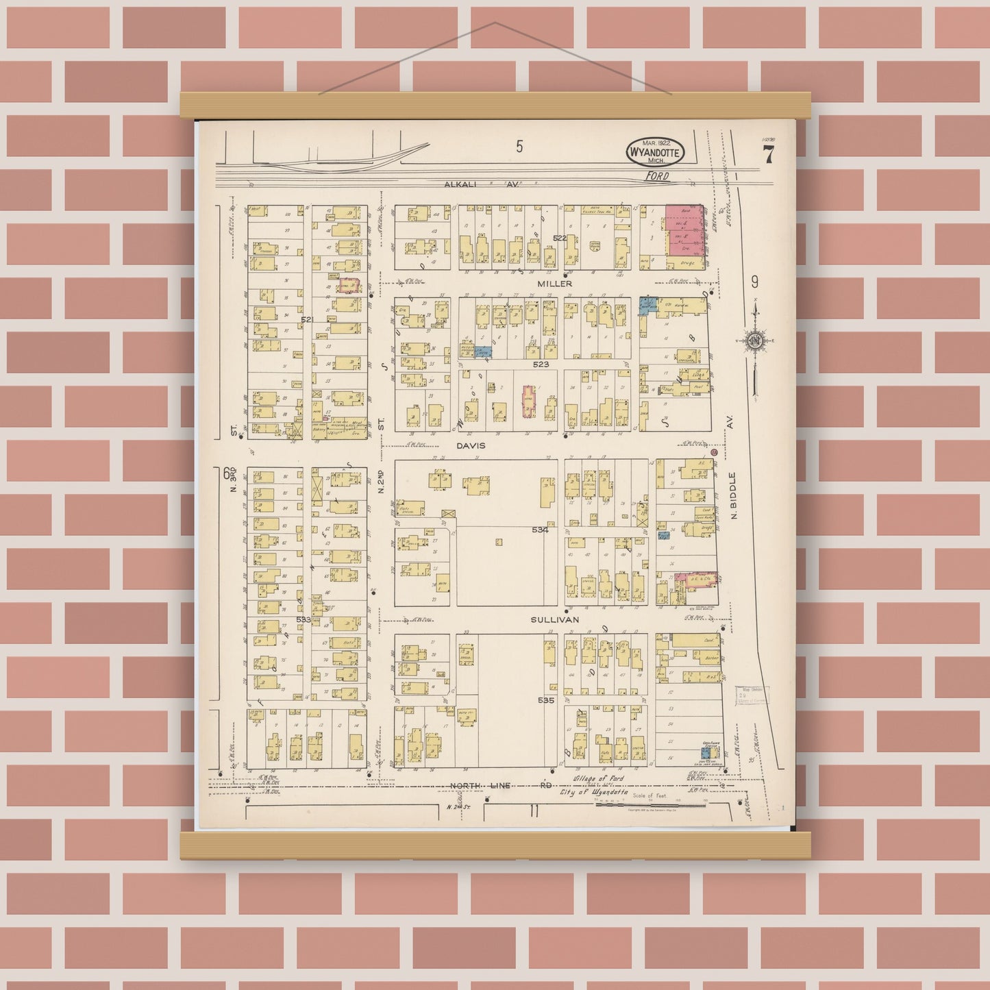 Old map wall art mockup — magnetic wood frame on brick wall — Sanborn Fire Insurance Map from Wyandotte, Wayne County, Michigan (1922), Sheet #0007