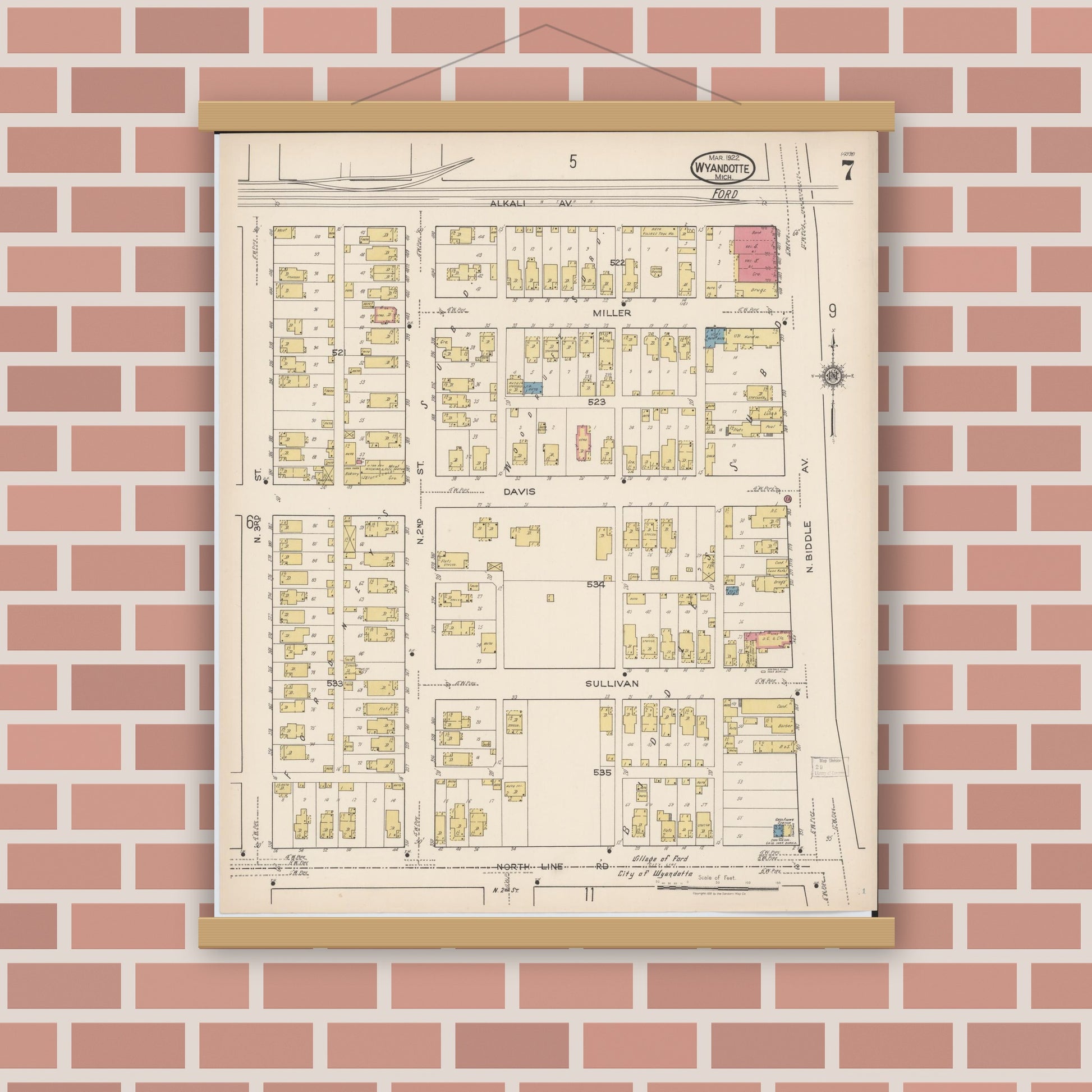 Old map wall art mockup — magnetic wood frame on brick wall — Sanborn Fire Insurance Map from Wyandotte, Wayne County, Michigan (1922), Sheet #0007