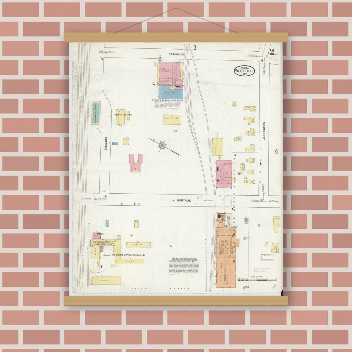 Old map wall art mockup — magnetic wood frame on brick wall — Sanborn Fire Insurance Map from Westfield, Chautauqua County, New York (1912), Sheet #0002