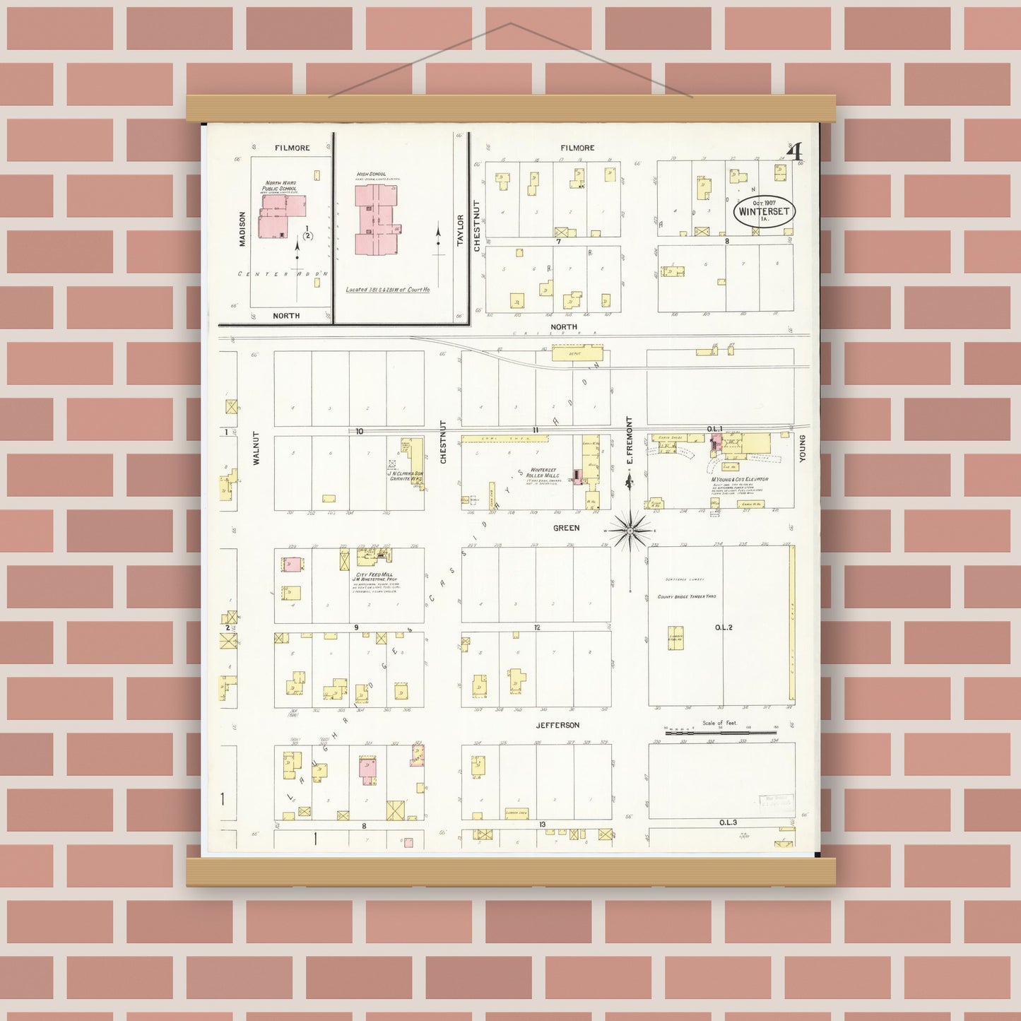 Old map wall art mockup — magnetic wood frame on brick wall — Sanborn Fire Insurance Map from Winterset, Madison County, Iowa (1907), Sheet #0004