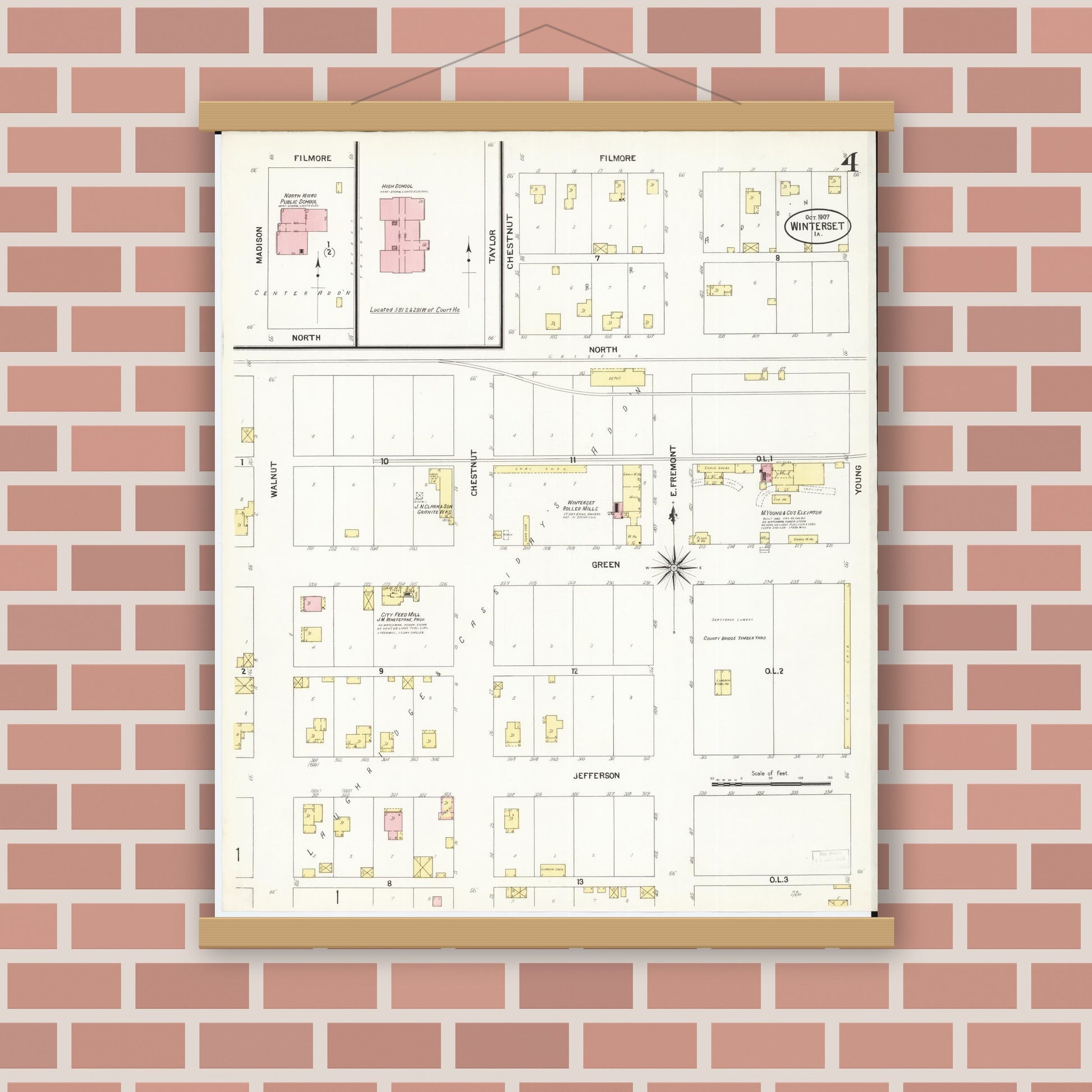 Old map wall art mockup — magnetic wood frame on brick wall — Sanborn Fire Insurance Map from Winterset, Madison County, Iowa (1907), Sheet #0004