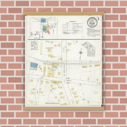Old map wall art mockup — magnetic wood frame on brick wall — Sanborn Fire Insurance Map from Saline, Washtenaw County, Michigan (1912) - Complete Map Set