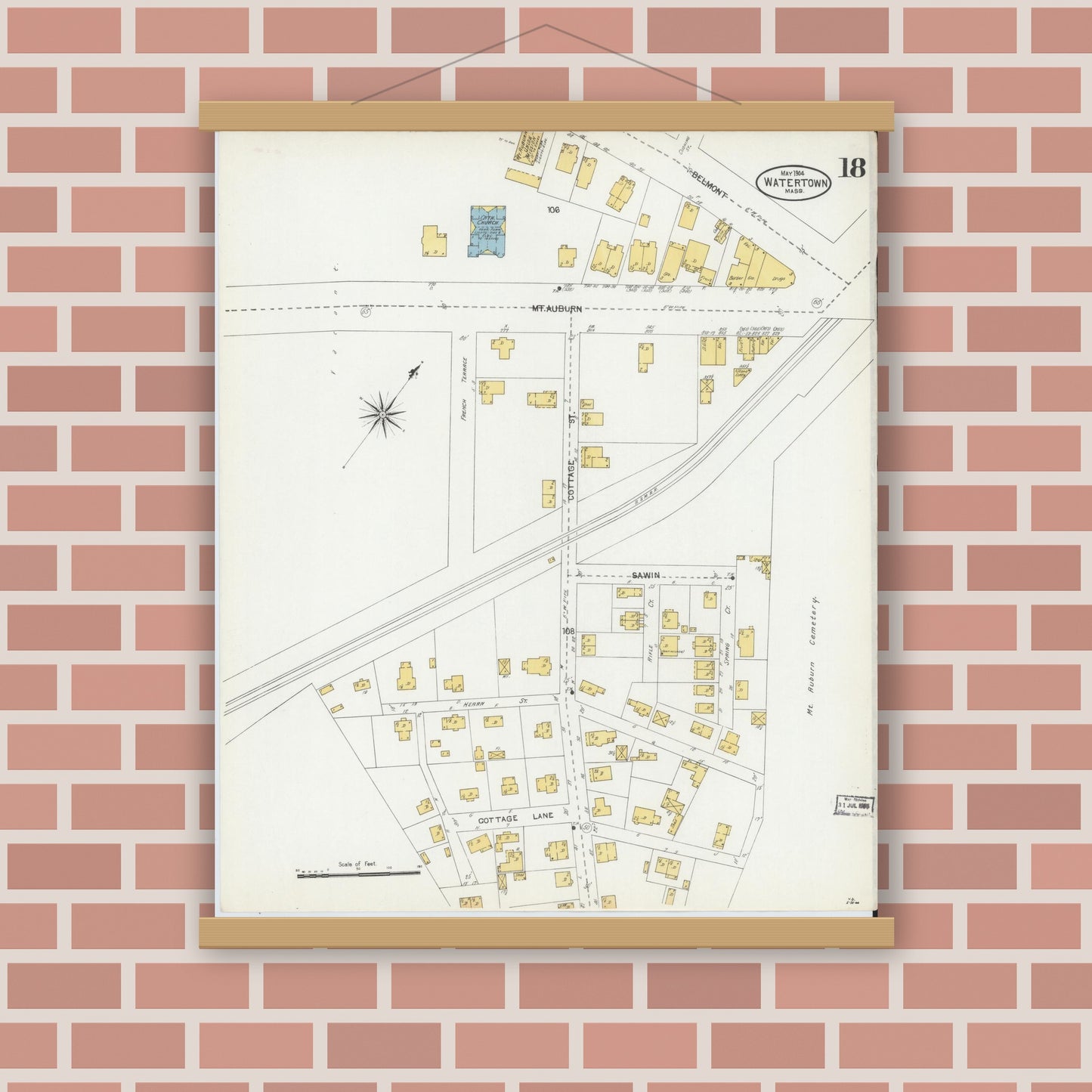 Old map wall art mockup — magnetic wood frame on brick wall — Sanborn Fire Insurance Map from Watertown, Middlesex County, Massachusetts (1904), Sheet #0018