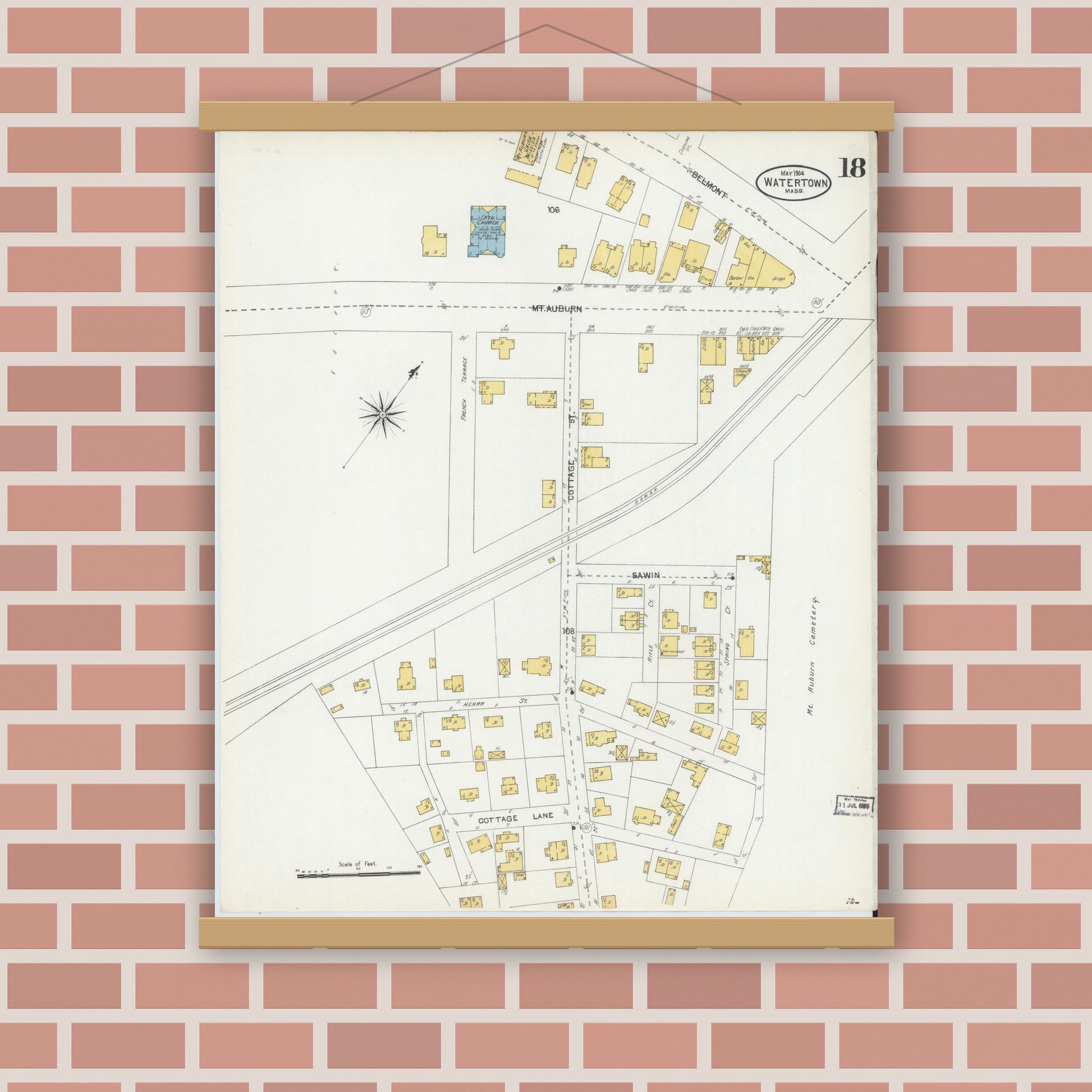 Old map wall art mockup — magnetic wood frame on brick wall — Sanborn Fire Insurance Map from Watertown, Middlesex County, Massachusetts (1904), Sheet #0018