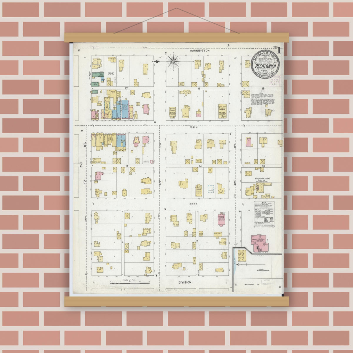 Old map wall art mockup — magnetic wood frame on brick wall — Sanborn Fire Insurance Map from Pecatonica, Winnebago County, Illinois (1904) - Complete Map Set