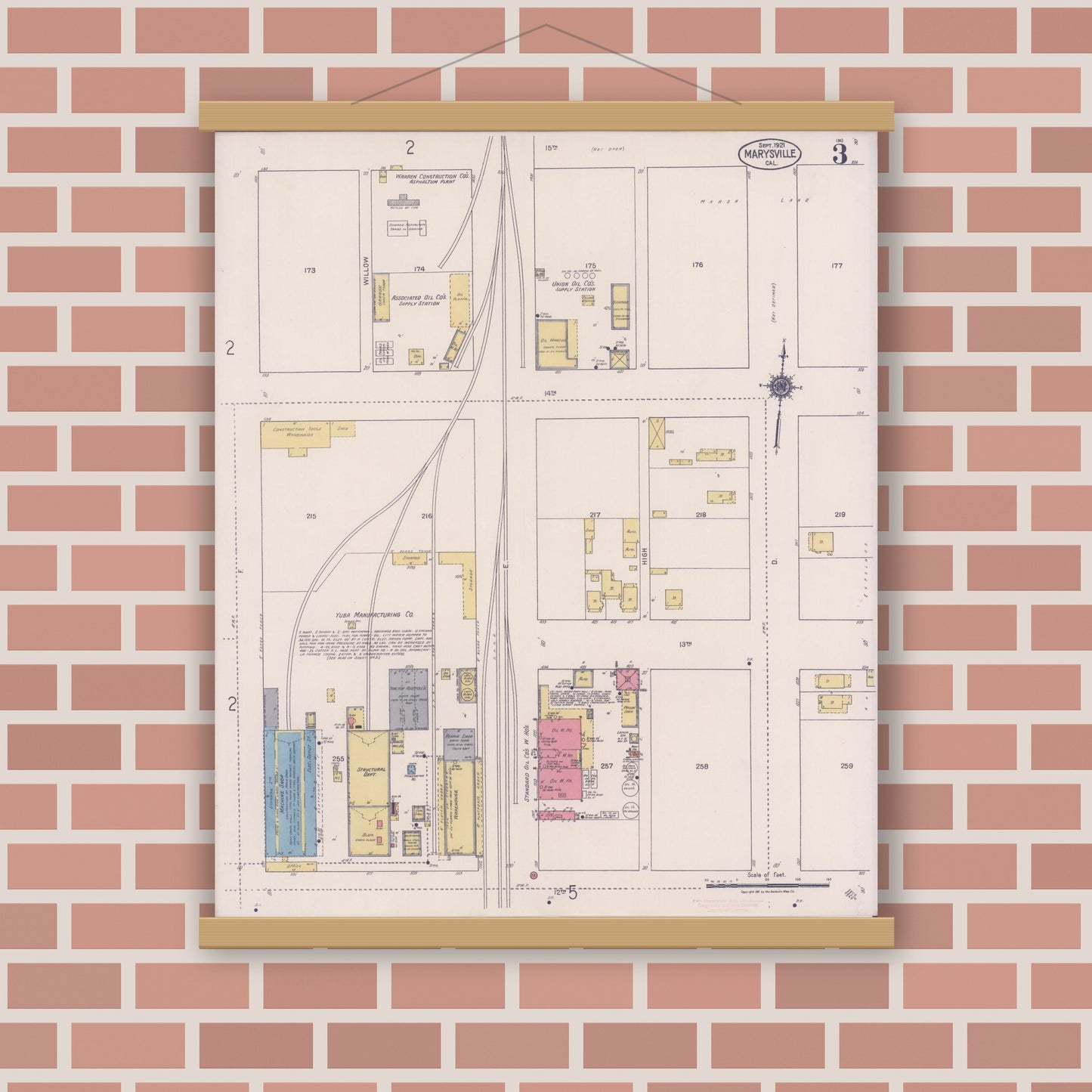 Old map wall art mockup — magnetic wood frame on brick wall — Sanborn Fire Insurance Map from Marysville, Yuba County, California (1921), Sheet #0003