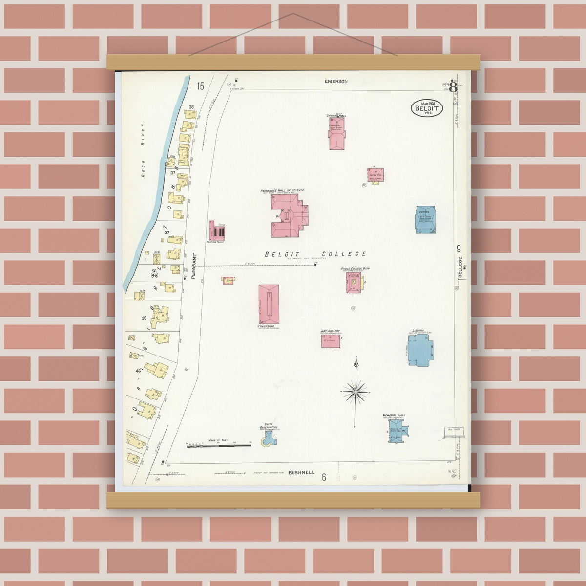 Old map wall art mockup — magnetic wood frame on brick wall — Sanborn Fire Insurance Map from Beloit, Rock County, Wisconsin (1908), Sheet #0008