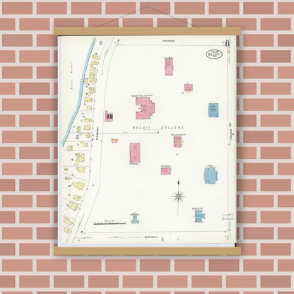 Old map wall art mockup — magnetic wood frame on brick wall — Sanborn Fire Insurance Map from Beloit, Rock County, Wisconsin (1908), Sheet #0008