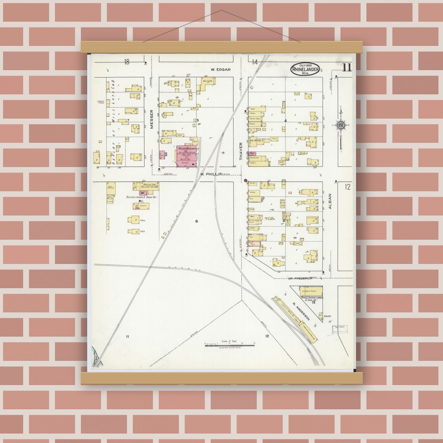 Old map wall art mockup — magnetic wood frame on brick wall — Sanborn Fire Insurance Map from Rhinelander, Oneida County, Wisconsin (1920), Sheet #0011
