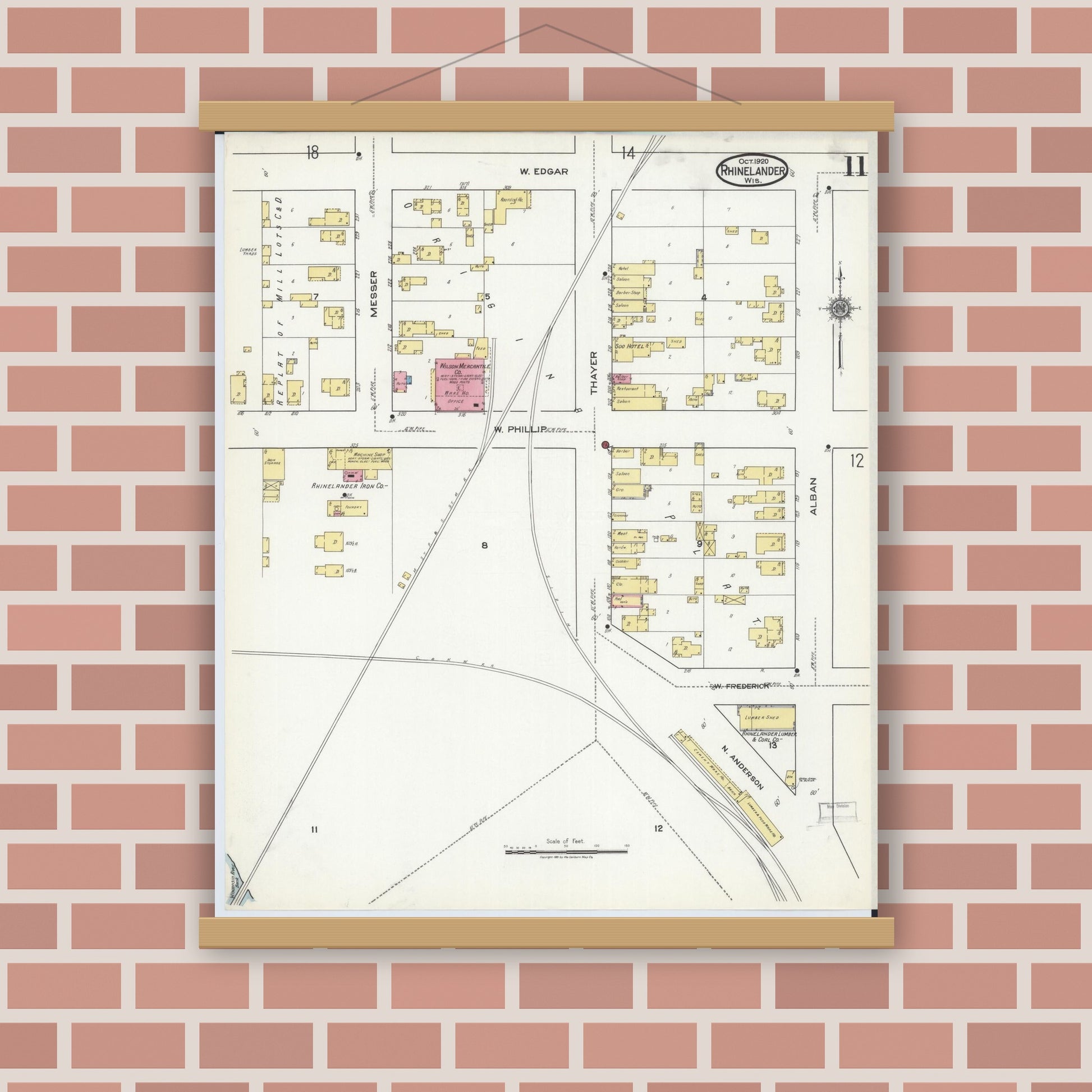 Old map wall art mockup — magnetic wood frame on brick wall — Sanborn Fire Insurance Map from Rhinelander, Oneida County, Wisconsin (1920), Sheet #0011
