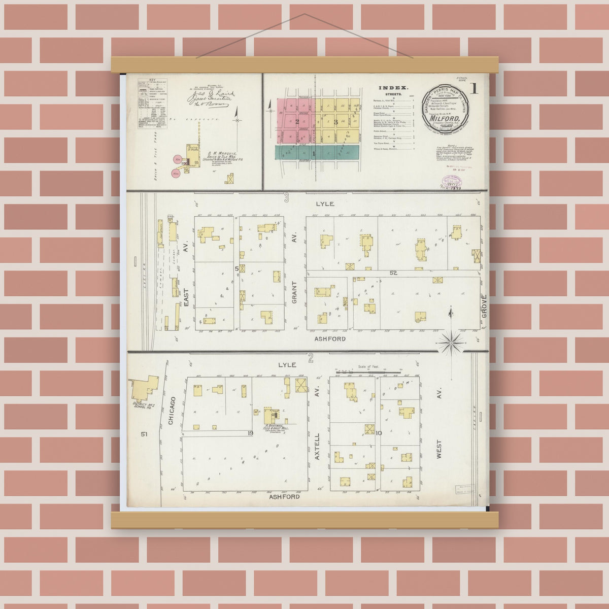 Old map wall art mockup — magnetic wood frame on brick wall — Sanborn Fire Insurance Map from Milford, Iroquois County, Illinois (1893) - Complete Map Set