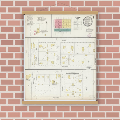 Old map wall art mockup — magnetic wood frame on brick wall — Sanborn Fire Insurance Map from Milford, Iroquois County, Illinois (1893) - Complete Map Set
