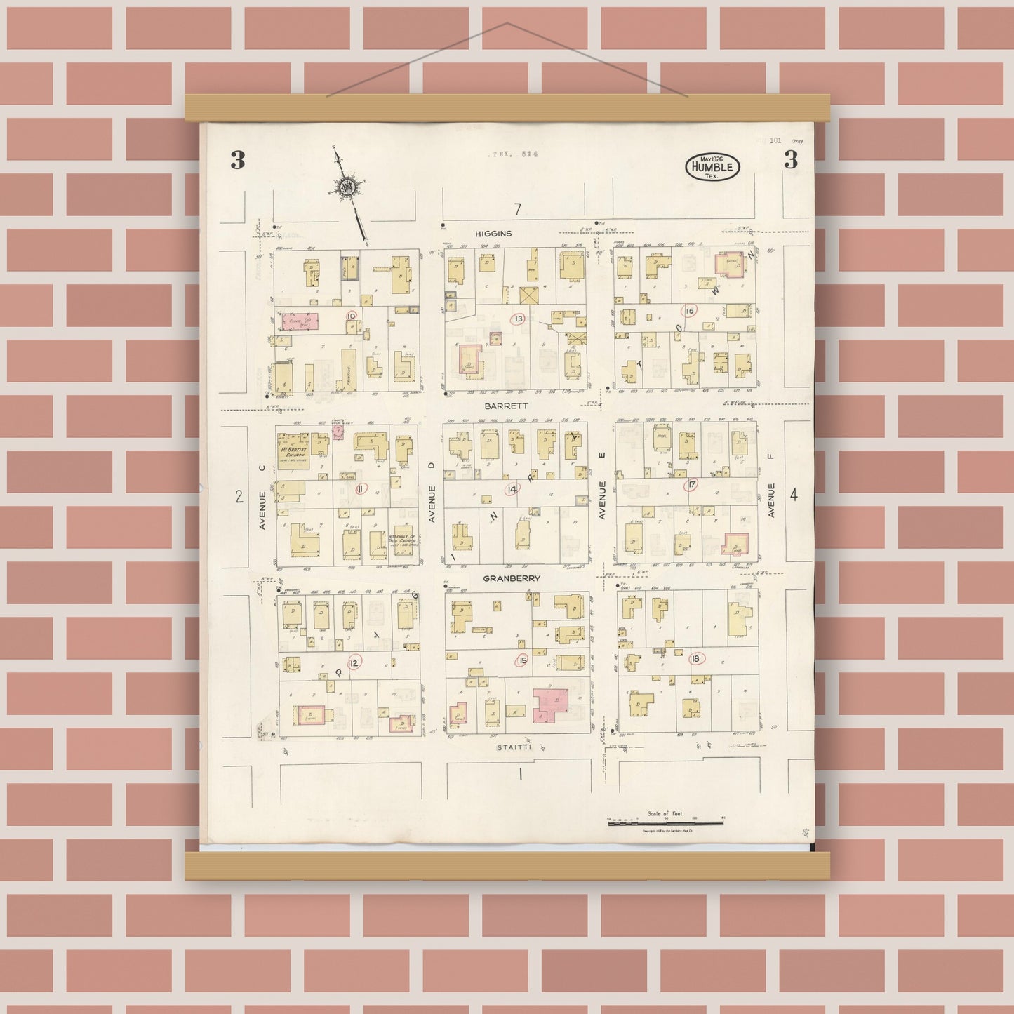 Old map wall art mockup — magnetic wood frame on brick wall — Sanborn Fire Insurance Map from Humble, Harris County, Texas (1940), Sheet #0003