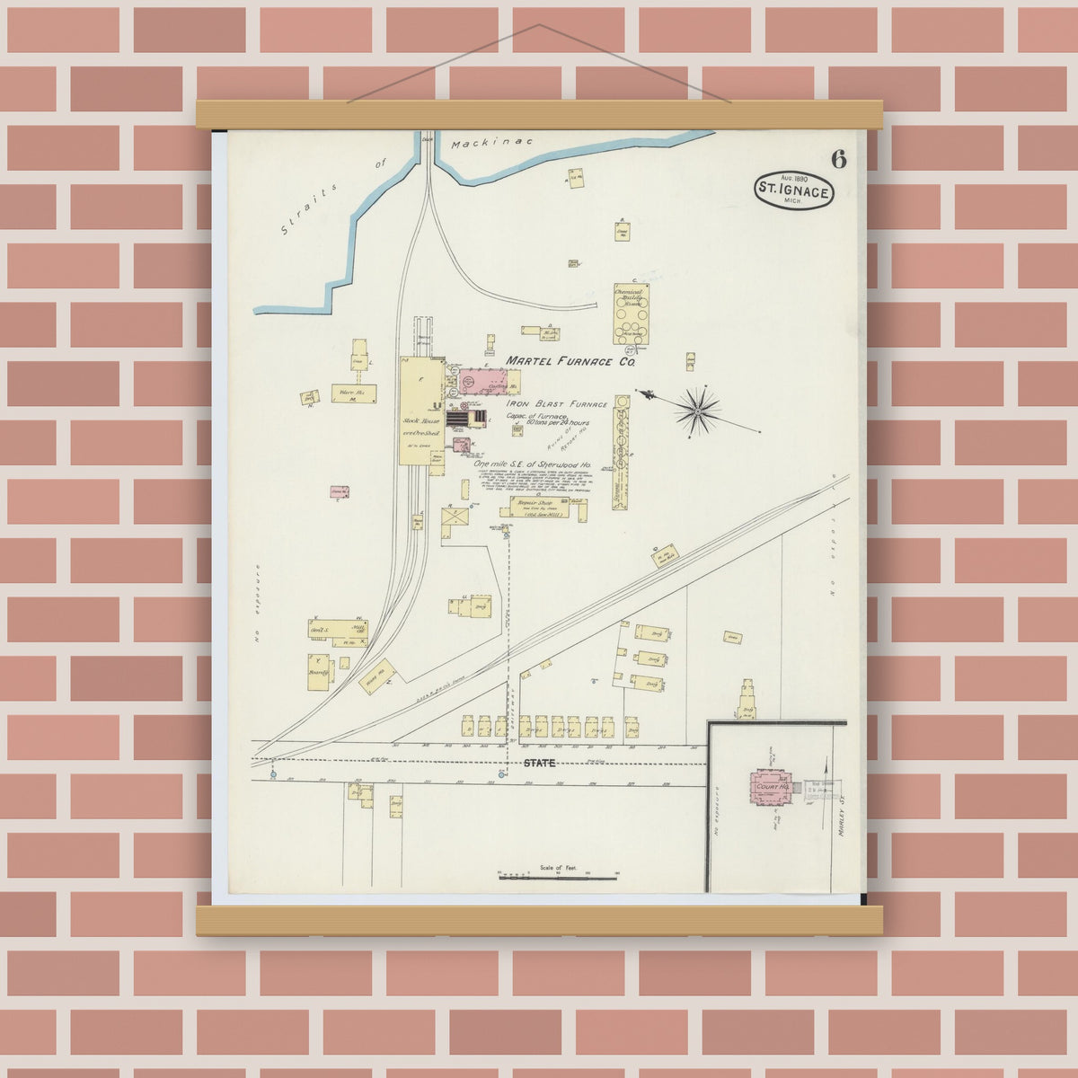 Old map wall art mockup — magnetic wood frame on brick wall — Sanborn Fire Insurance Map from Saint Ignace, Mackinac County, Michigan (1890), Sheet #0006