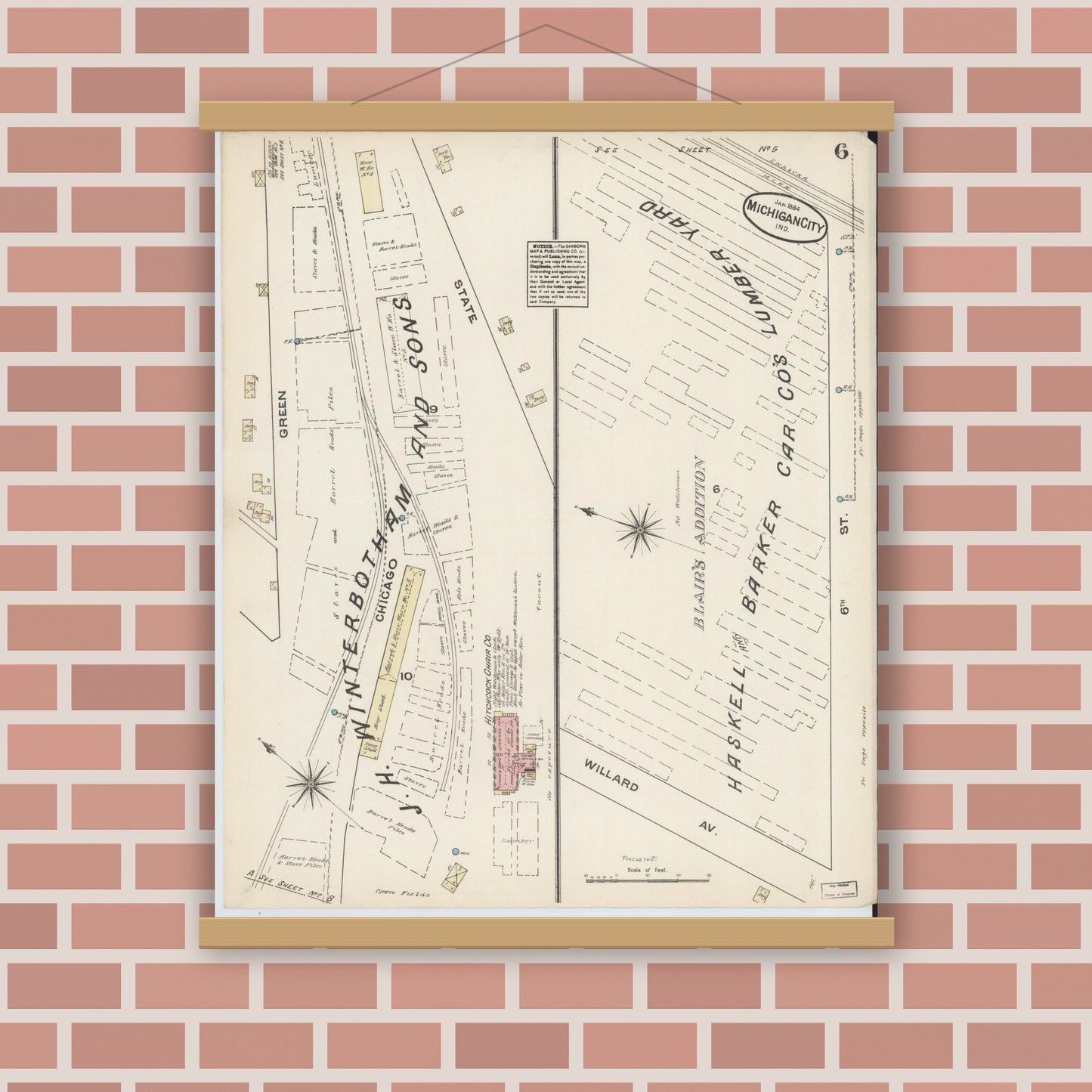 Old map wall art mockup — magnetic wood frame on brick wall — Sanborn Fire Insurance Map from Michigan City, La Porte  County, Indiana (1884), Sheet #0006