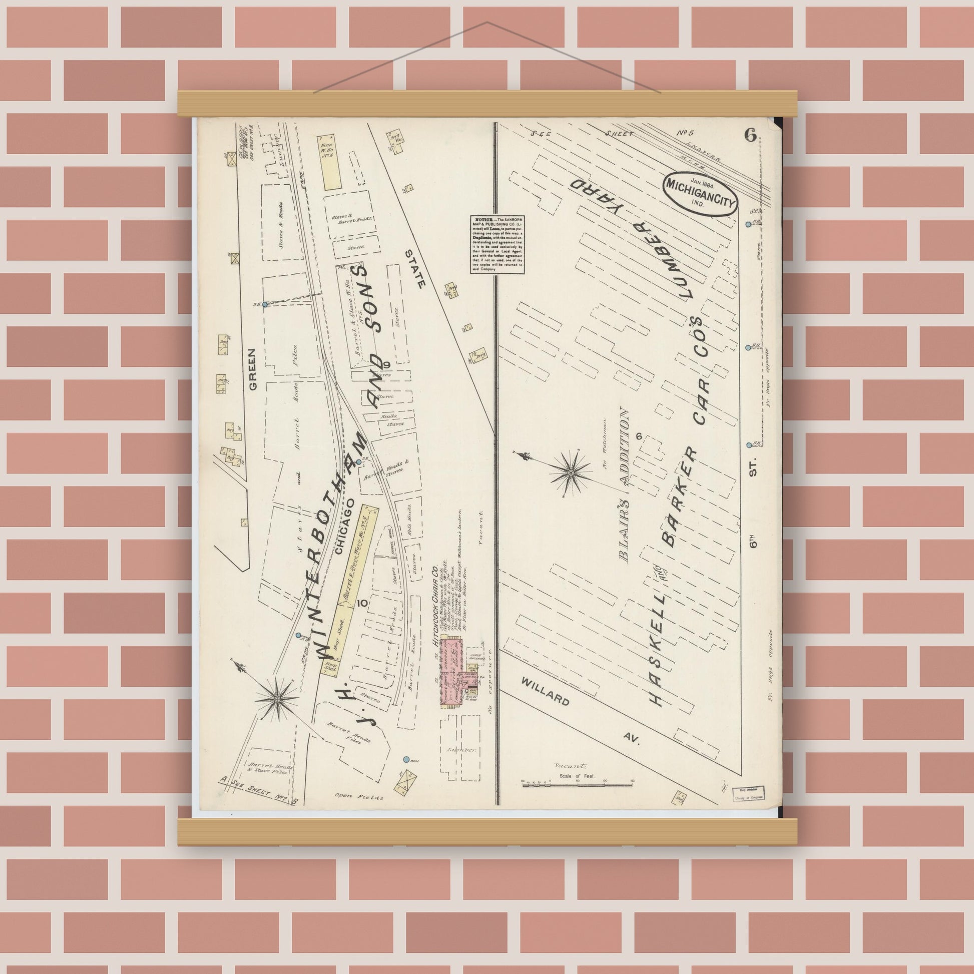 Old map wall art mockup — magnetic wood frame on brick wall — Sanborn Fire Insurance Map from Michigan City, La Porte  County, Indiana (1884), Sheet #0006