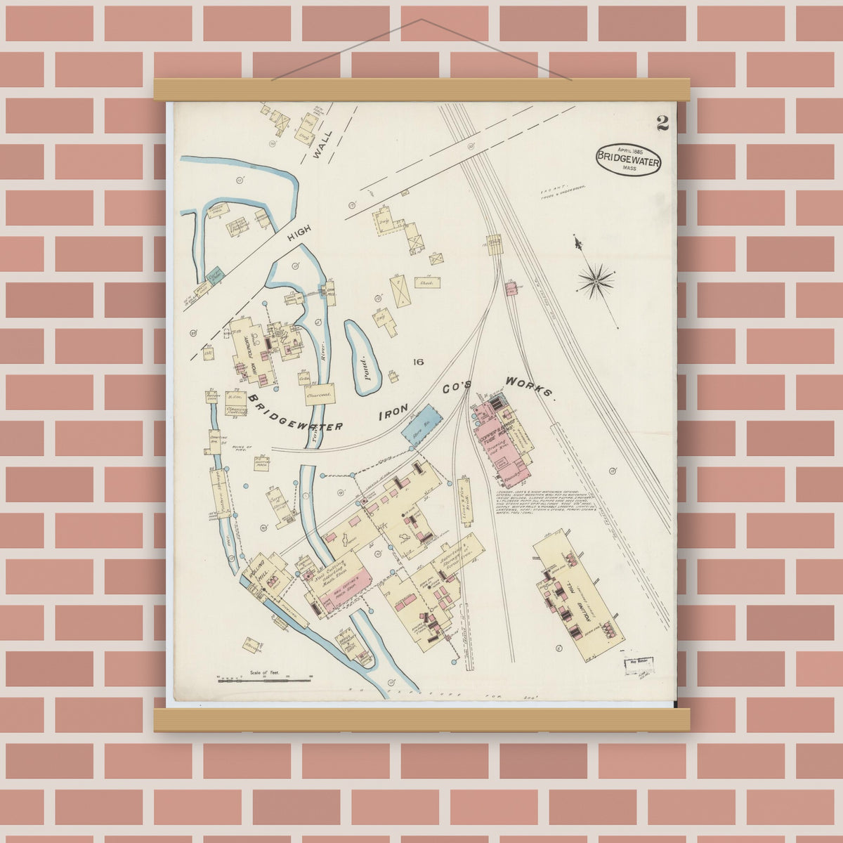 Old map wall art mockup — magnetic wood frame on brick wall — Sanborn Fire Insurance Map from Bridgewater, Plymouth County, Massachusetts (1885), Sheet #0002