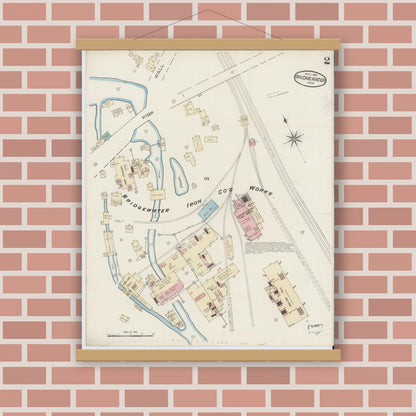 Old map wall art mockup — magnetic wood frame on brick wall — Sanborn Fire Insurance Map from Bridgewater, Plymouth County, Massachusetts (1885), Sheet #0002