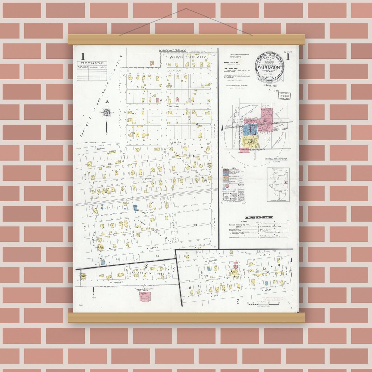 Old map wall art mockup — magnetic wood frame on brick wall — Sanborn Fire Insurance Map from Fairmount, Vermilion County, Illinois (1933) - Complete Map Set