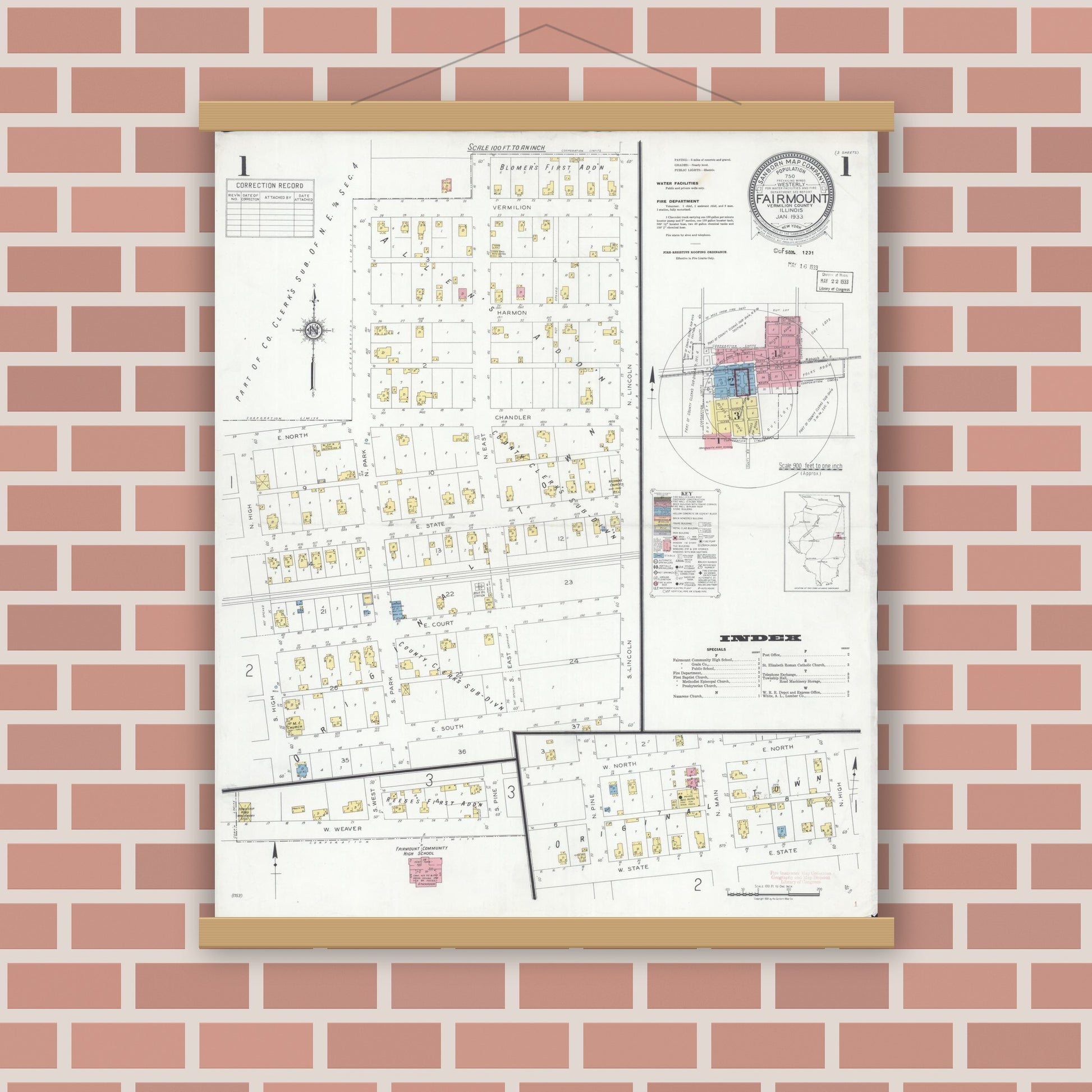 Old map wall art mockup — magnetic wood frame on brick wall — Sanborn Fire Insurance Map from Fairmount, Vermilion County, Illinois (1933) - Complete Map Set