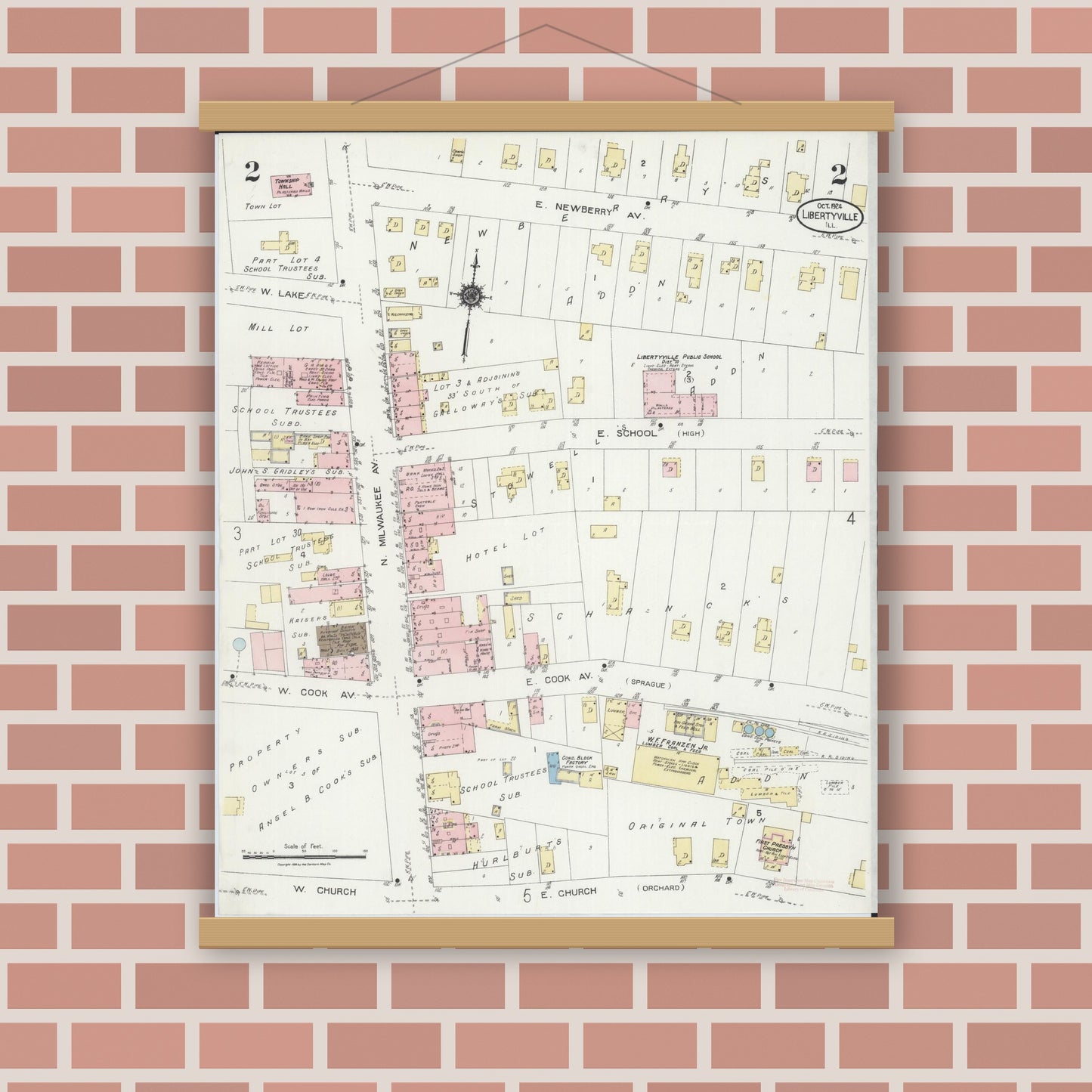 Old map wall art mockup — magnetic wood frame on brick wall — Sanborn Fire Insurance Map from Libertyville, Lake County, Illinois (1924), Sheet #0002