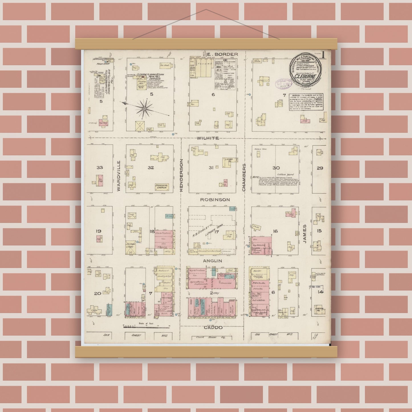 Old map wall art mockup — magnetic wood frame on brick wall — Sanborn Fire Insurance Map from Cleburne, Johnson County, Texas (1885), Sheet #0001