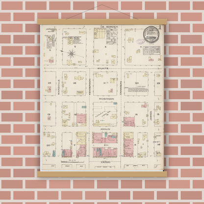 Old map wall art mockup — magnetic wood frame on brick wall — Sanborn Fire Insurance Map from Cleburne, Johnson County, Texas (1885), Sheet #0001
