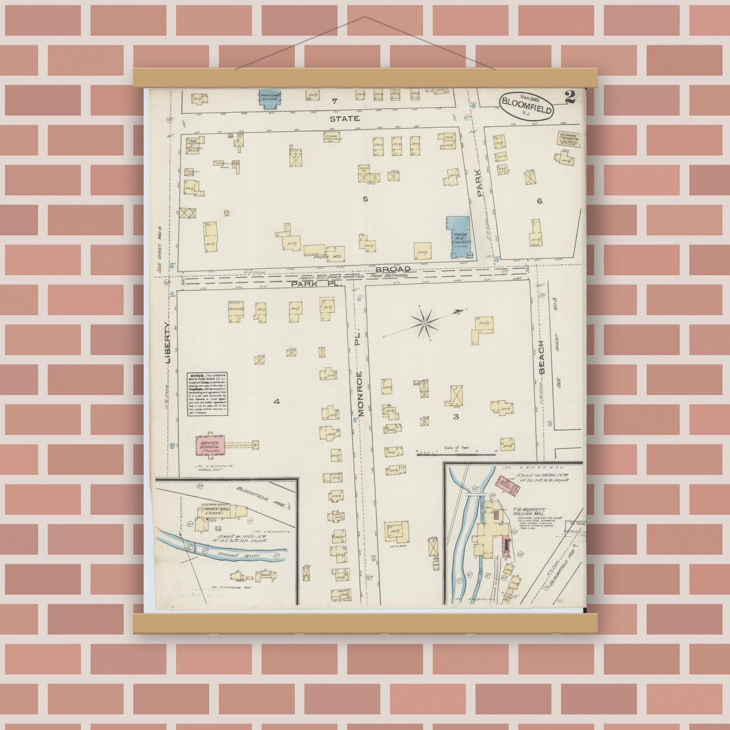Old map wall art mockup — magnetic wood frame on brick wall — Sanborn Fire Insurance Map from Bloomfield, Essex County, New Jersey (1885), Sheet #0002
