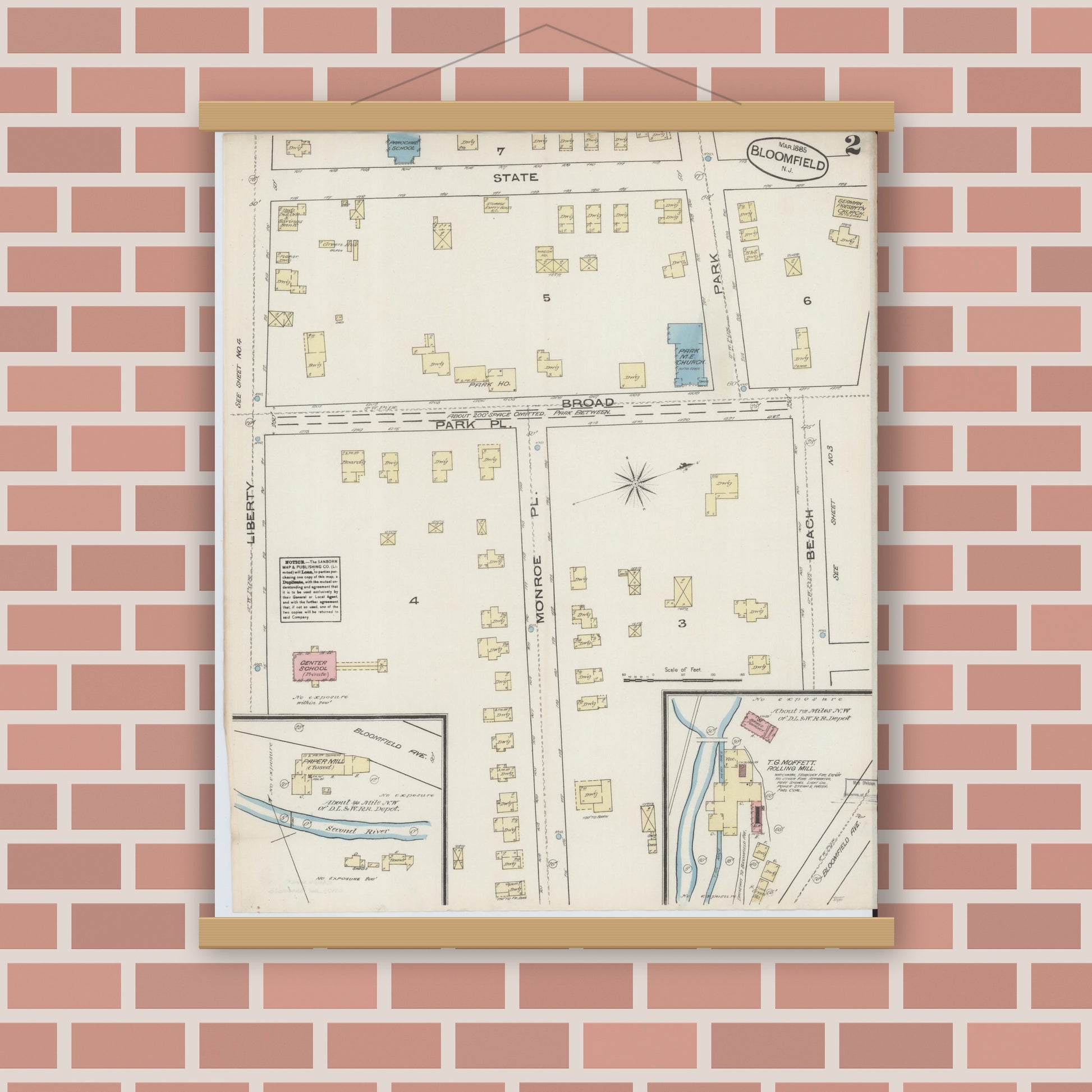 Old map wall art mockup — magnetic wood frame on brick wall — Sanborn Fire Insurance Map from Bloomfield, Essex County, New Jersey (1885), Sheet #0002