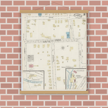 Old map wall art mockup — magnetic wood frame on brick wall — Sanborn Fire Insurance Map from Bloomfield, Essex County, New Jersey (1885), Sheet #0002