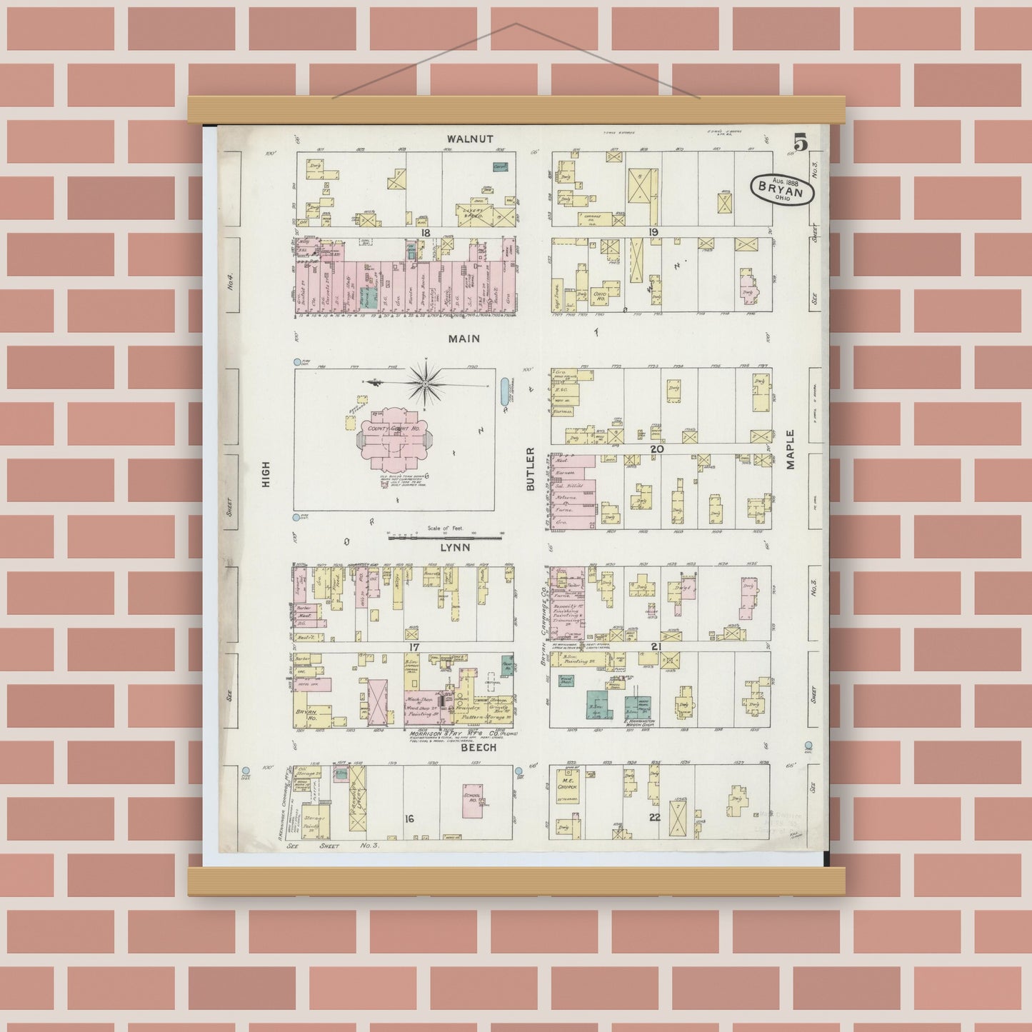 Old map wall art mockup — magnetic wood frame on brick wall — Sanborn Fire Insurance Map from Bryan, Williams County, Ohio (1888), Sheet #0005