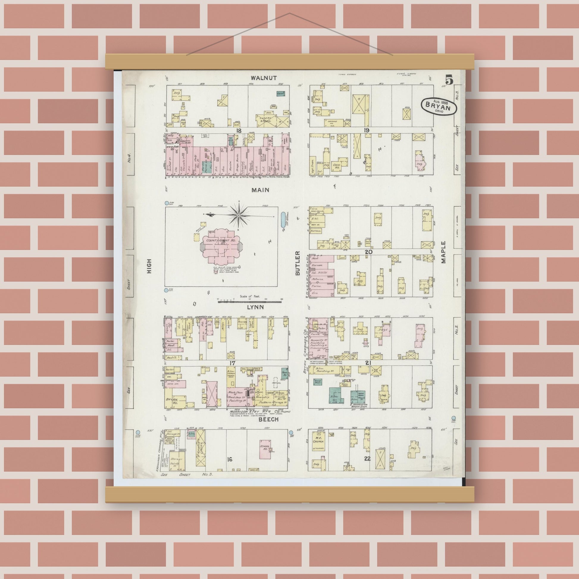 Old map wall art mockup — magnetic wood frame on brick wall — Sanborn Fire Insurance Map from Bryan, Williams County, Ohio (1888), Sheet #0005