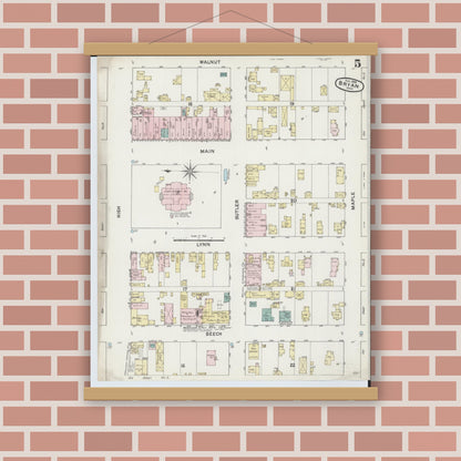Old map wall art mockup — magnetic wood frame on brick wall — Sanborn Fire Insurance Map from Bryan, Williams County, Ohio (1888), Sheet #0005