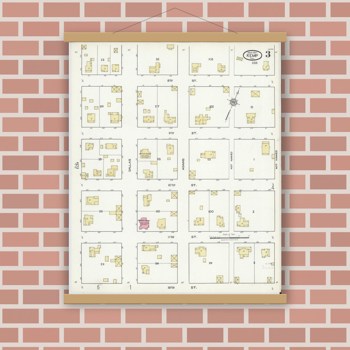 Old map wall art mockup — magnetic wood frame on brick wall — Sanborn Fire Insurance Map from Kemp, Kaufman County, Texas (1921), Sheet #0003
