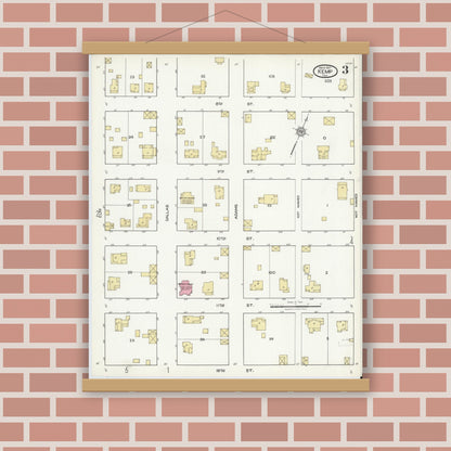 Old map wall art mockup — magnetic wood frame on brick wall — Sanborn Fire Insurance Map from Kemp, Kaufman County, Texas (1921), Sheet #0003