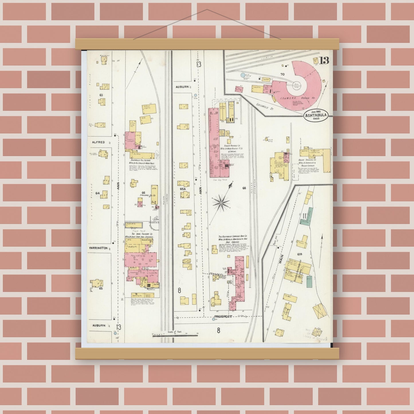 Old map wall art mockup — magnetic wood frame on brick wall — Sanborn Fire Insurance Map from Ashtabula, Ashtabula County, Ohio (1903), Sheet #0013