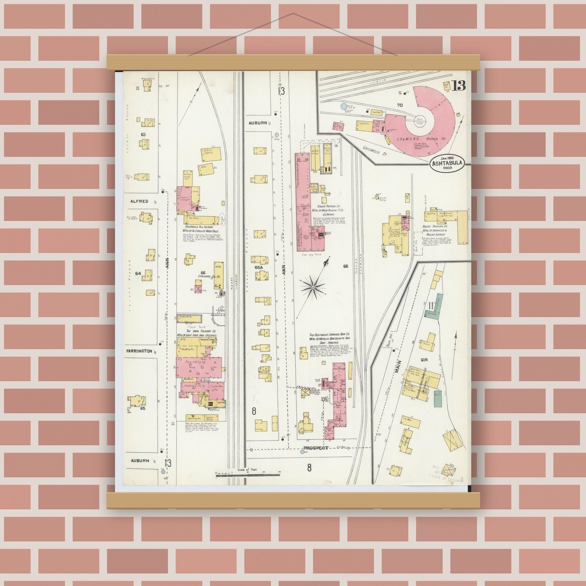 Old map wall art mockup — magnetic wood frame on brick wall — Sanborn Fire Insurance Map from Ashtabula, Ashtabula County, Ohio (1903), Sheet #0013