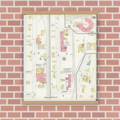 Old map wall art mockup — magnetic wood frame on brick wall — Sanborn Fire Insurance Map from Ashtabula, Ashtabula County, Ohio (1903), Sheet #0013