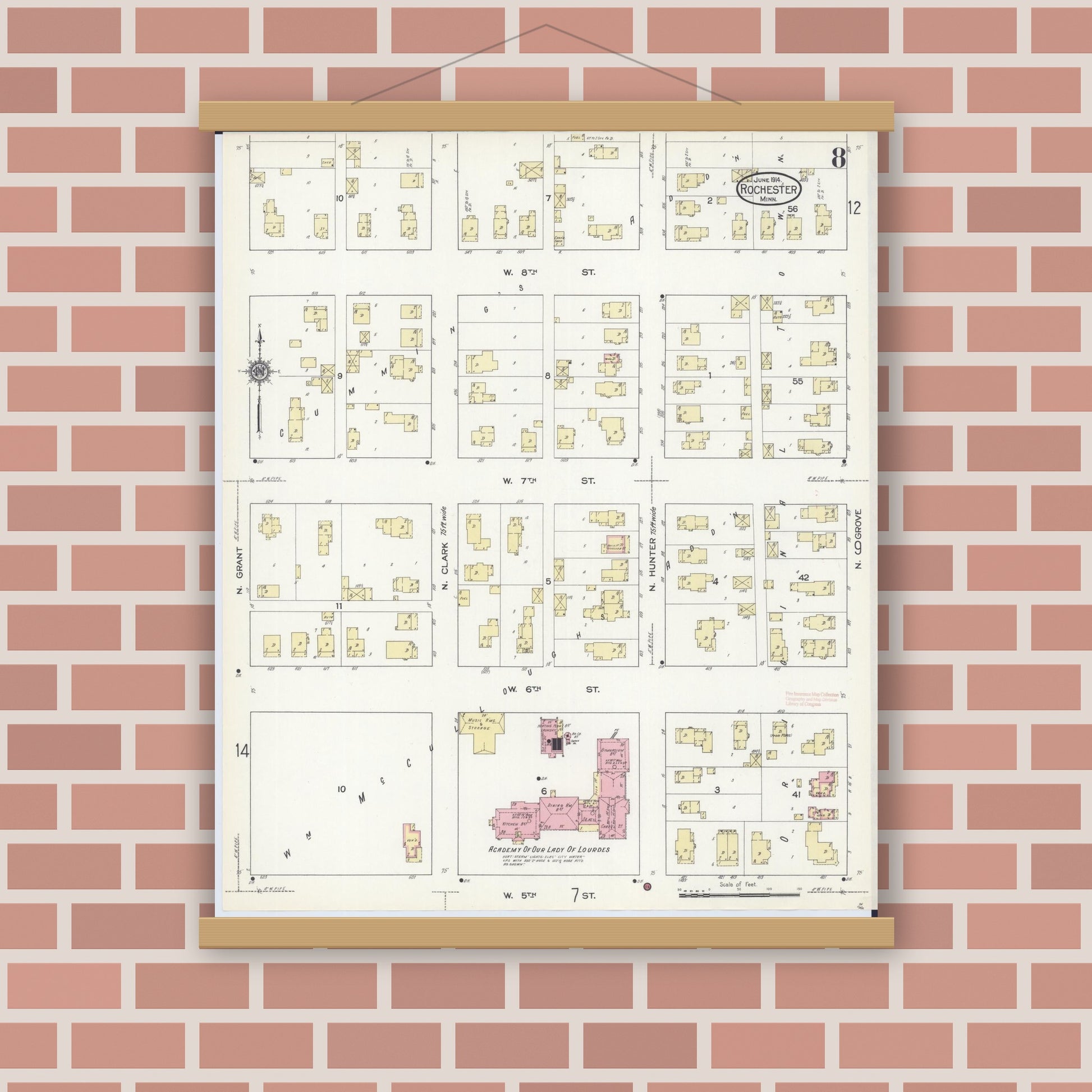 Old map wall art mockup — magnetic wood frame on brick wall — Sanborn Fire Insurance Map from Rochester, Olmsted County, Minnesota (1914), Sheet #0008