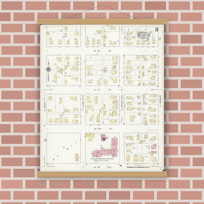 Old map wall art mockup — magnetic wood frame on brick wall — Sanborn Fire Insurance Map from Rochester, Olmsted County, Minnesota (1914), Sheet #0008