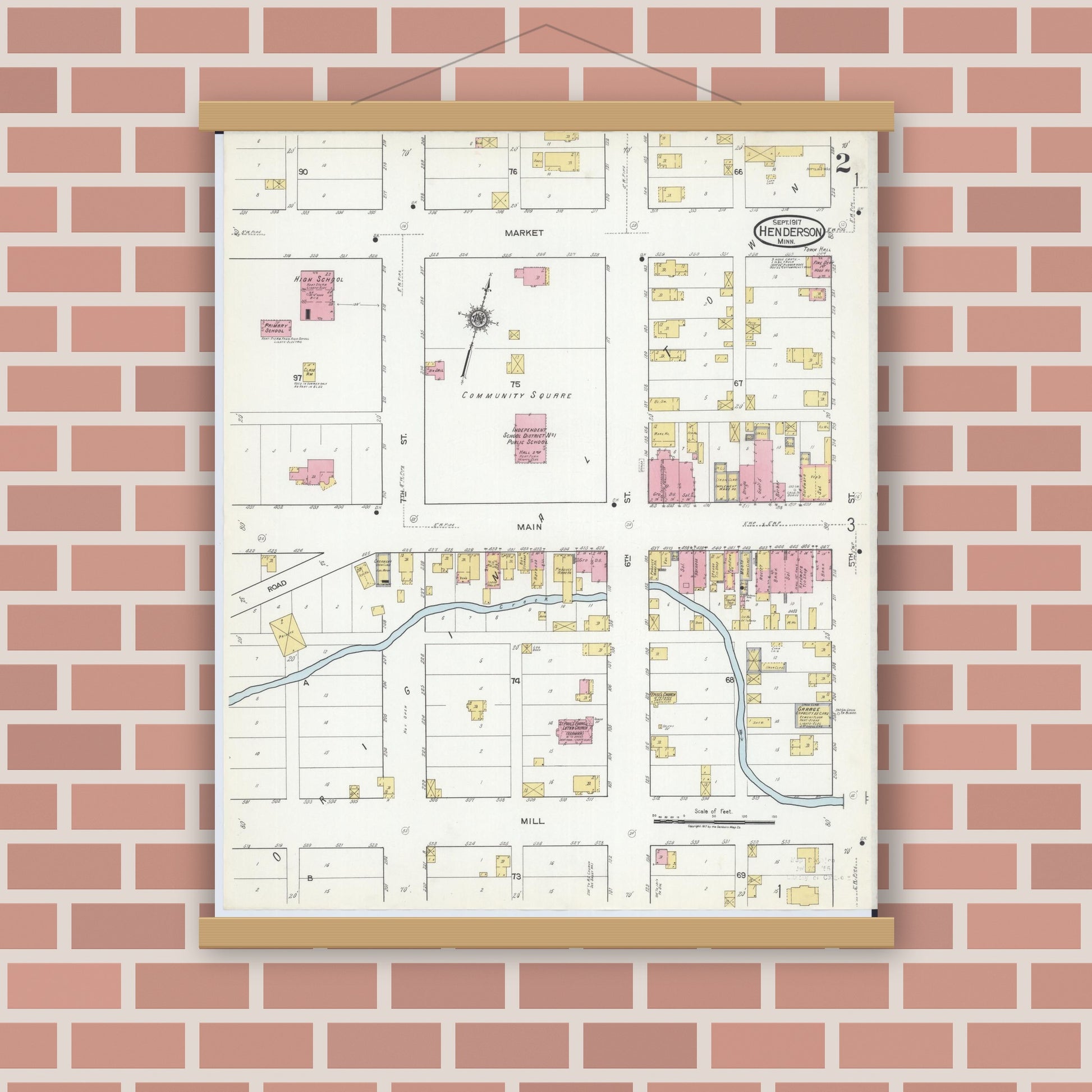 Old map wall art mockup — magnetic wood frame on brick wall — Sanborn Fire Insurance Map from Henderson, Sibley County, Minnesota (1917), Sheet #0002