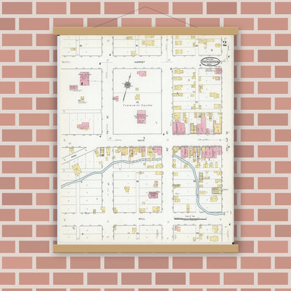 Old map wall art mockup — magnetic wood frame on brick wall — Sanborn Fire Insurance Map from Henderson, Sibley County, Minnesota (1917), Sheet #0002