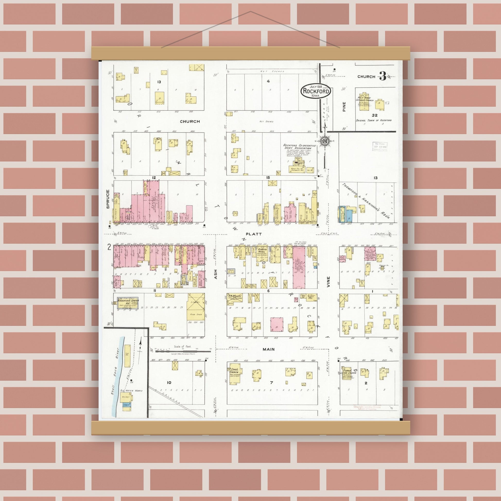 Old map wall art mockup — magnetic wood frame on brick wall — Sanborn Fire Insurance Map from Rockford, Floyd County, Iowa (1918), Sheet #0003