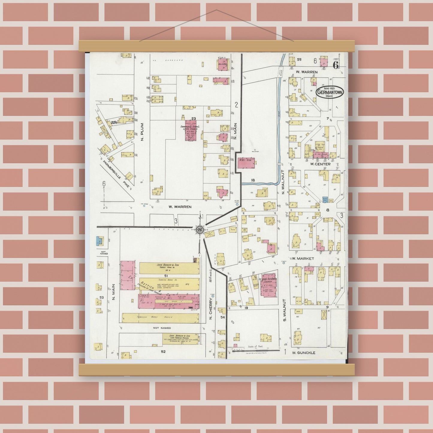Old map wall art mockup — magnetic wood frame on brick wall — Sanborn Fire Insurance Map from Germantown, Montgomery County, Ohio (1921), Sheet #0006